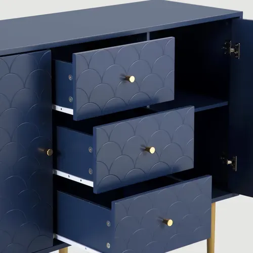 Meuble De Salle De Bain Bleu Marine Avec Motif Écailles Et Pieds Dorés Étagère Réglable