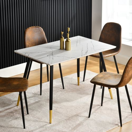Ensemble Table Blanche Effet Marbre Et 4 Chaises Scandinaves Blanches Cassées