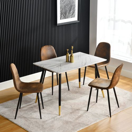 Ensemble Table Blanche Effet Marbre Et 4 Chaises Scandinaves Blanches Cassées