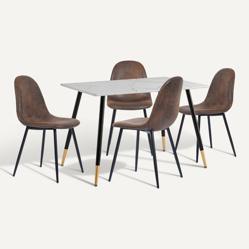 Ensemble Table Blanche Effet Marbre Et 4 Chaises Scandinaves Blanches Cassées