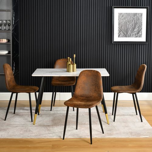 Ensemble Table Blanche Effet Marbre Et 4 Chaises Scandinaves Blanches Cassées