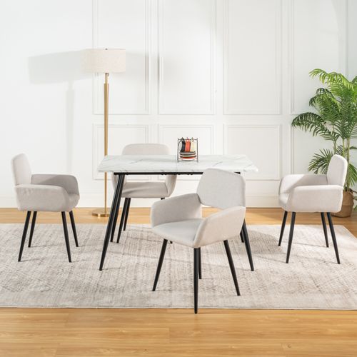 Ensemble Table Blanche Effet Marbre Et 4 Chaises Tissu Beige