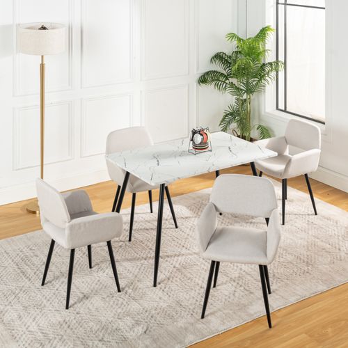 Ensemble Table Blanche Effet Marbre Et 4 Chaises Tissu Beige