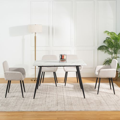 Ensemble Table Blanche Effet Marbre Et 4 Chaises Tissu Beige
