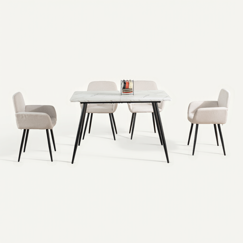Ensemble Table Blanche Effet Marbre Et 4 Chaises Tissu Beige