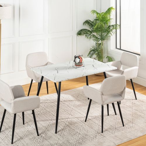 Ensemble Table Blanche Effet Marbre Et 4 Chaises Tissu Beige