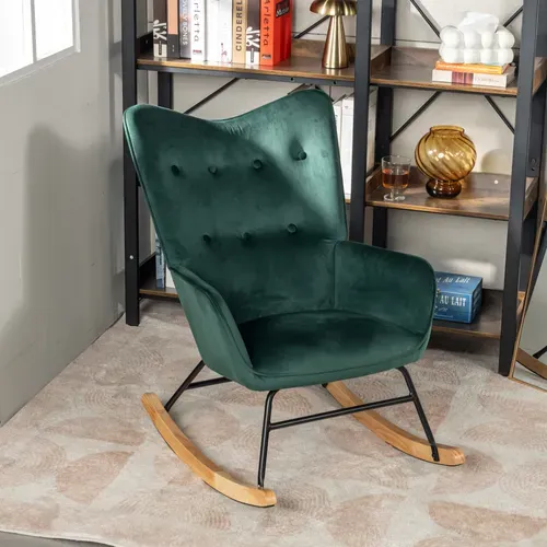 Fauteuil à Bascule Scandinave Velours Vert Pieds En Bois Clair
