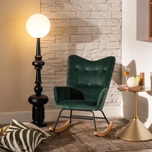 Fauteuil à Bascule Scandinave Velours Vert Pieds En Bois Clair