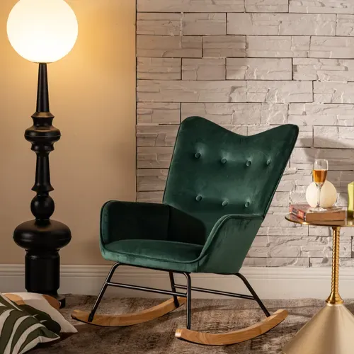 Fauteuil à Bascule Scandinave Velours Vert Pieds En Bois Clair