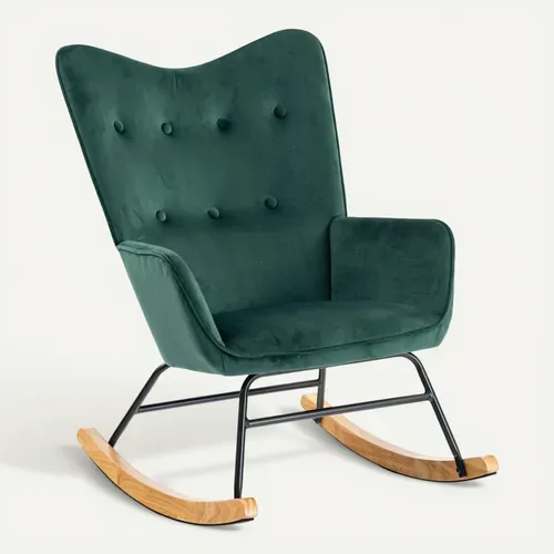 Fauteuil à Bascule Scandinave Velours Vert Pieds En Bois Clair