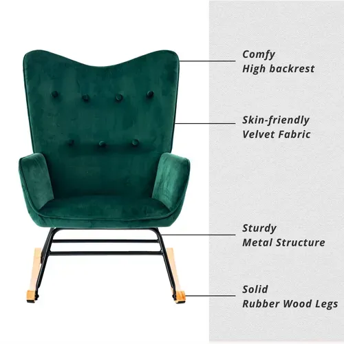 Fauteuil à Bascule Scandinave Velours Vert Pieds En Bois Clair