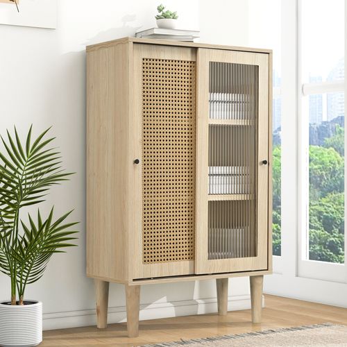 Tiita – Petite Armoire Murale En Bambou – 76x28x39 Cm – Buffet Avec Portes Coulissantes En Verre