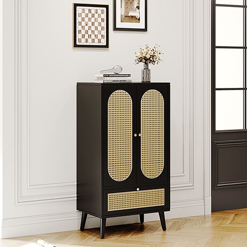 Buffet Haut Noir En Rotin 2 Portes Et 1 Tiroir 60*40*110.5 Cm