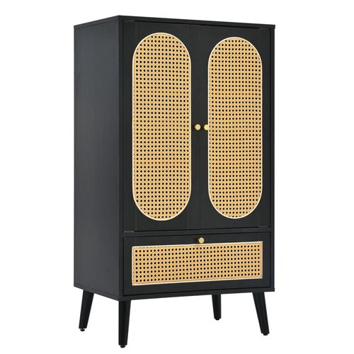 Buffet Haut Noir En Rotin 2 Portes Et 1 Tiroir 60*40*110.5 Cm