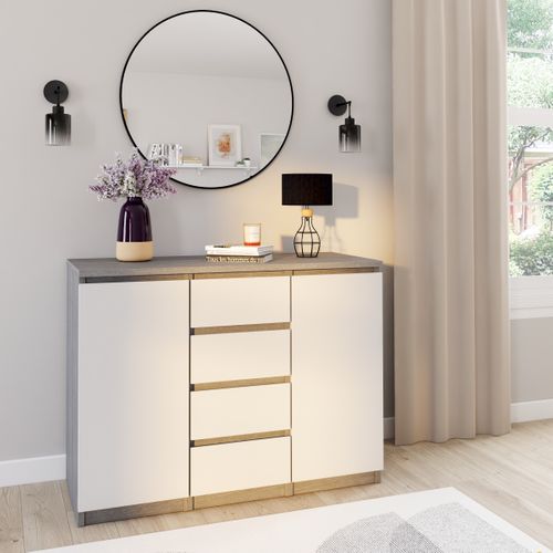 Rangement 2 portes 4 tiroirs BEST LAK Blanc laqué béton