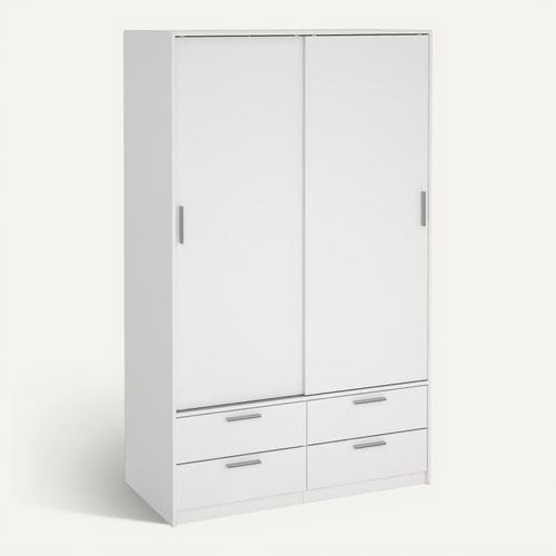 Armoire - Blanc Mat - 2 Portes Coulissantes - 4 Tiroirs - L121,2 X P60,25 X H200 Cm - Ontario