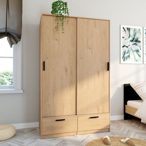 Armoire 2 portes coulissantes DRESS 2 tiroirs chêne L.121 cm