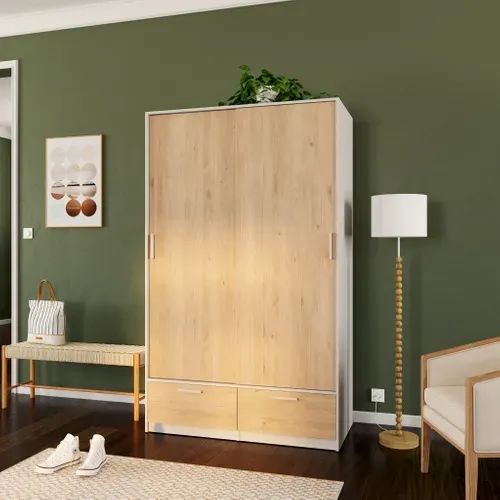 Armoire 2 portes coulissantes DRESS 2 tiroirs ch/bl L.121 cm