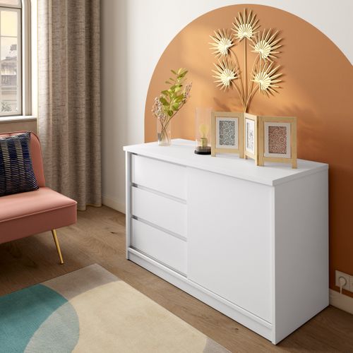 Rangement 3 tiroirs 1 porte BEST coulissante blanc laqué