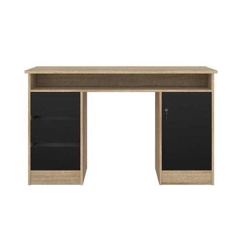 Bureau 3 tiroirs et 1 porte CLASS imitation chêne et noir vue de face