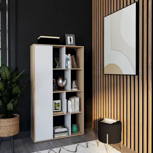 Bibliothèque 1 porte ARLO imitation chêne et blanc vue d'ambiance 1
