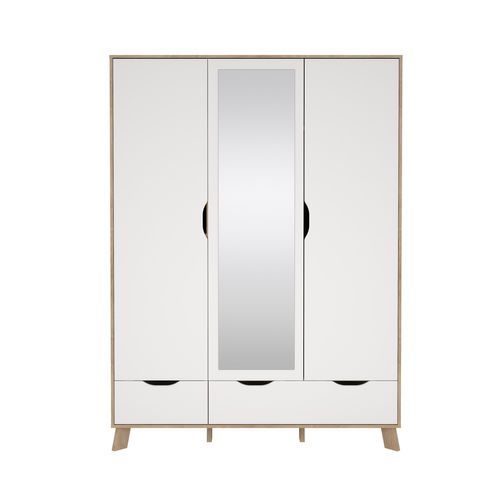 Armoire 3 portes 2 tiroirs IKAST miroir imitation chêne vue de face