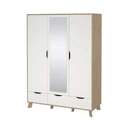Armoire 3 portes 2 tiroirs IKAST miroir imitation chêne vue de profil
