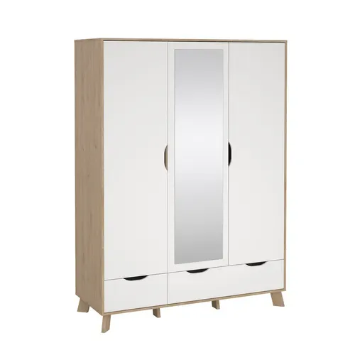 Armoire 3 portes 2 tiroirs IKAST miroir imitation chêne vue 3/4