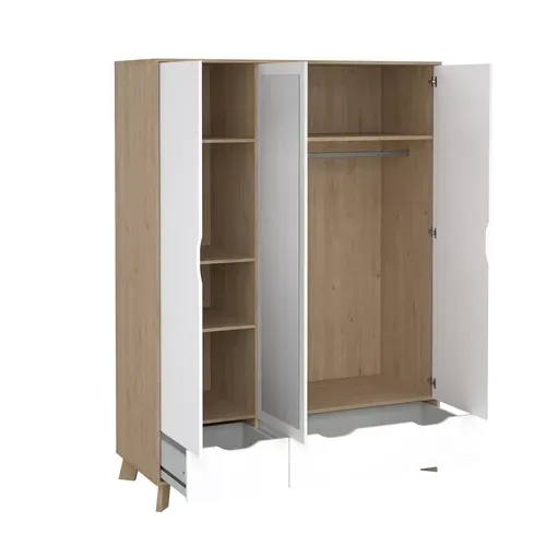 Armoire 3 portes 2 tiroirs IKAST miroir imitation chêne