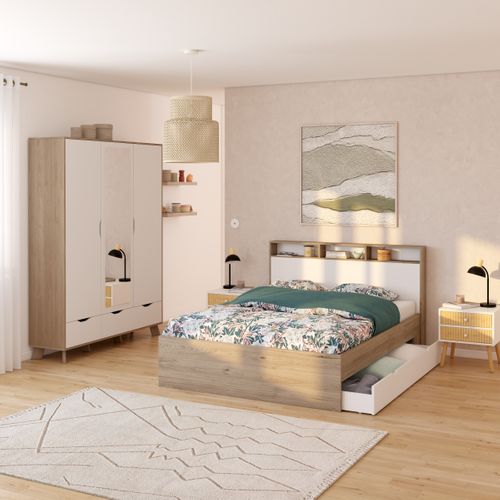 Lit 140x190 cm 2 tiroirs IKAST imitation chêne blanc