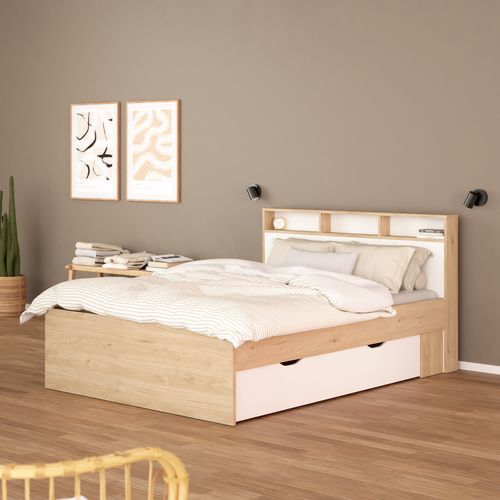 Lit 160x200 cm 2 tiroirs IKAST imitation chêne blanc