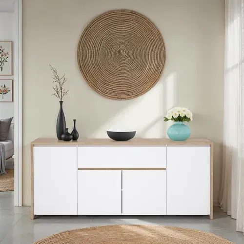 Buffet 4P/1T MOSS Blanc laqué/imitation chêne vue d'ambiance 1