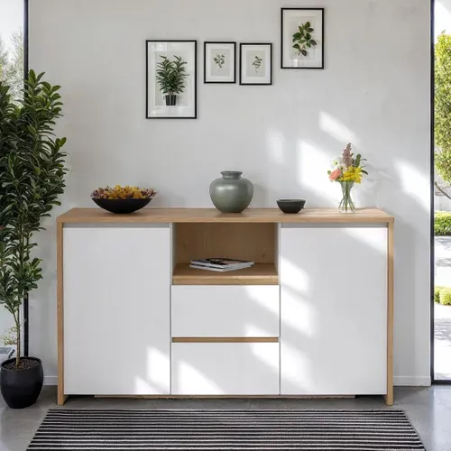 Buffet 2P/2T MOSS Blanc laqué / imitation chêne vue d'ambiance 1