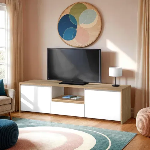 Meuble TV 2P/1T MOSS Blanc laqué/ Imitation chêne