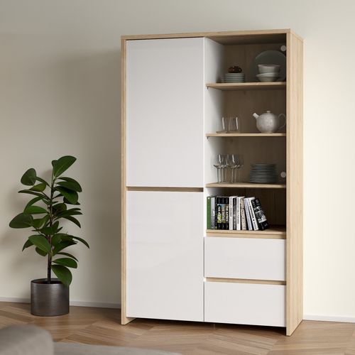 Vitrine 2 P/2 T MOSS Blanc laqué / Imitation chêne