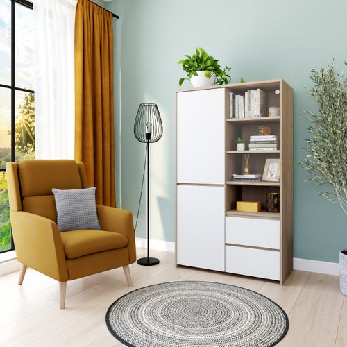 Vitrine 2 P/2 T MOSS Blanc laqué / Imitation chêne