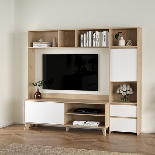 Living TV 2P/2T MOSS blanc laqué / imitation chêne