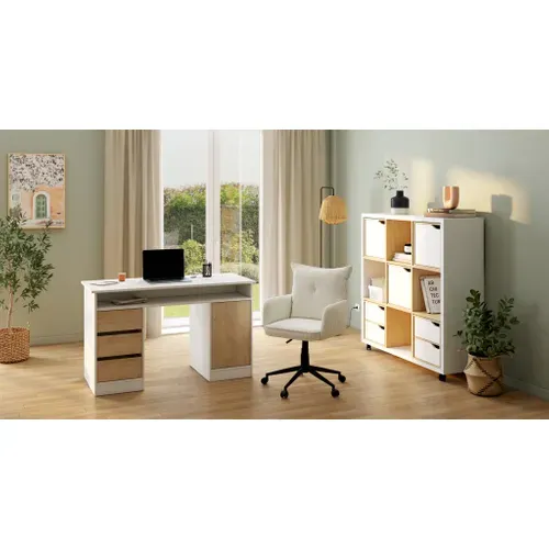 Bureau 3 tiroirs 1 porte CLASS blanc et imitation chêne