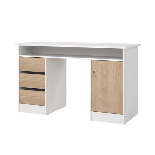 Bureau 3 tiroirs 1 porte CLASS blanc et imitation chêne