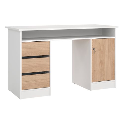 Bureau 3 tiroirs 1 porte CLASS blanc et imitation chêne