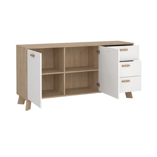 Buffet 2 Portes, 3 Tiroirs Décor Chêne Et Blanc L147,2 Cm