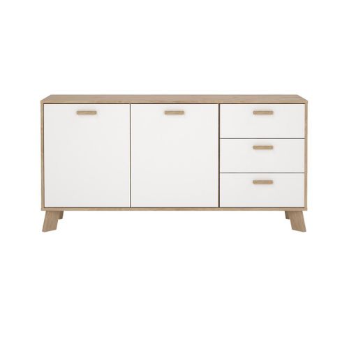 Buffet 2 Portes, 3 Tiroirs Décor Chêne Et Blanc L147,2 Cm