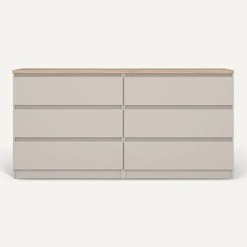 Commode 2X3 tiroirs - grège et imitation chêne vue de face