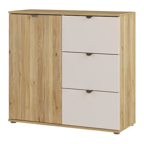 Rangement 1 porte 3 tiroirs UNIK Imitation chêne / grège vue de profil