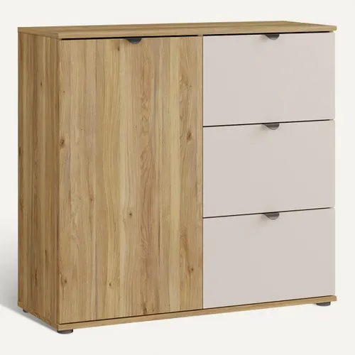 Rangement 1 porte 3 tiroirs UNIK Imitation chêne / grège vue 3/4