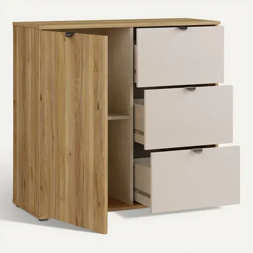 Rangement 1 porte 3 tiroirs UNIK Imitation chêne / grège
