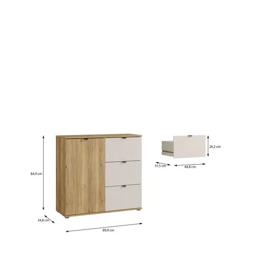 Rangement 1 porte 3 tiroirs UNIK Imitation chêne / grège