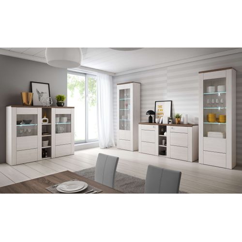 Buffet Voltia Avec 2 Portes Et 3 Niches - Blanc / Chêne