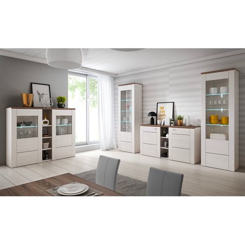 Buffet Voltia Avec 2 Portes Et 3 Niches - Blanc / Chêne