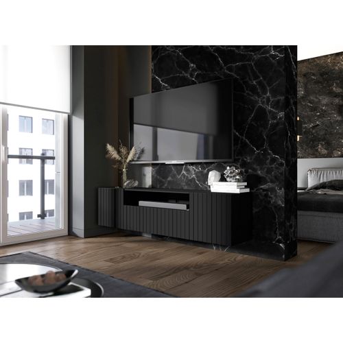 Meuble TV Suspendu Elpis Façades Rainurées Noir Mat 150 Cm
